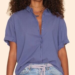Xirena Marlin Blue Channing Short Sleeve Button Down Cotton Shirt Top - Small